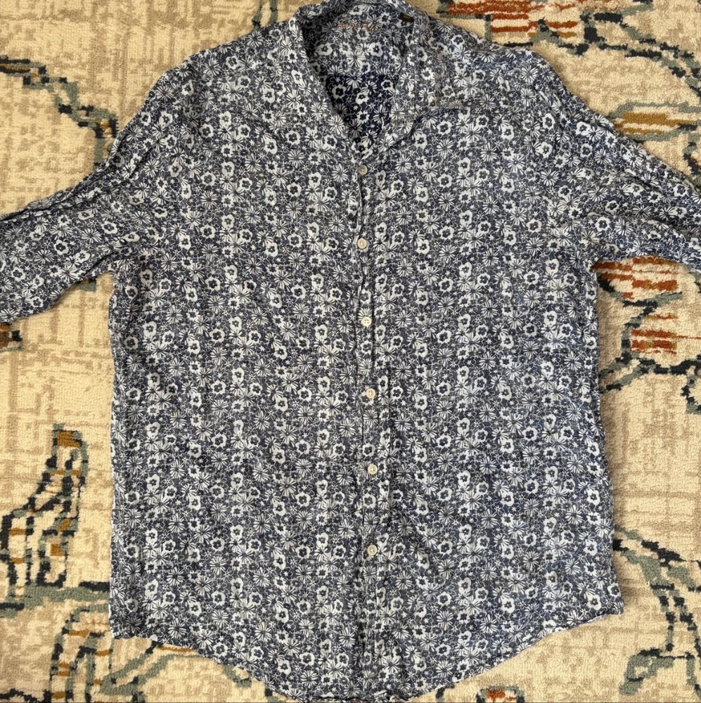 Tasso Elba Men's Blue Print Button Up 100% Linen Shirt size XL